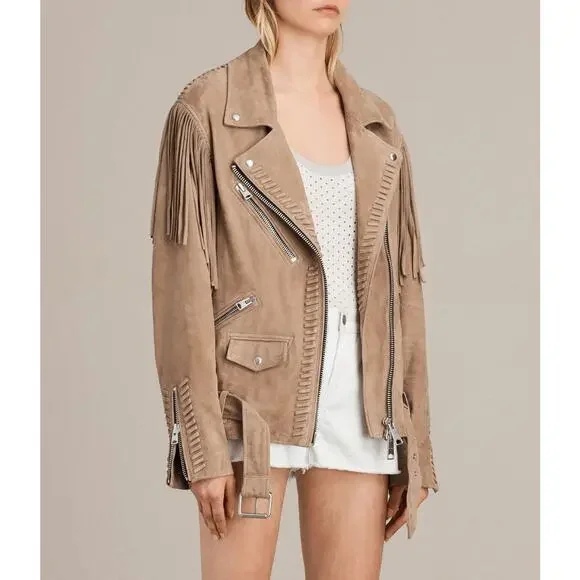 Allsaints Trevett Oversized Biker Jacket Light Sand - M